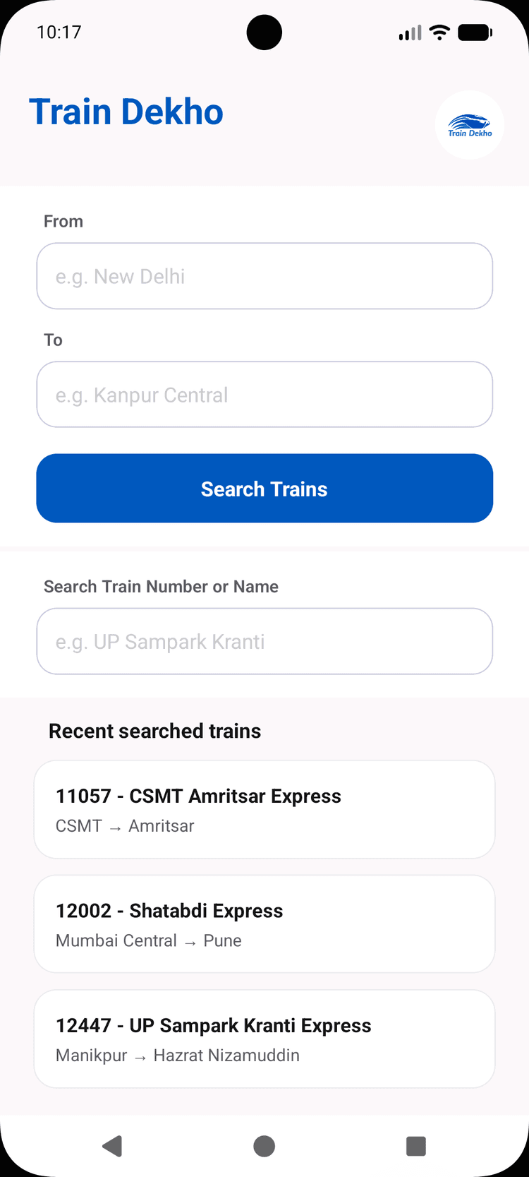 Train Dekho home screen – search trains by route or number